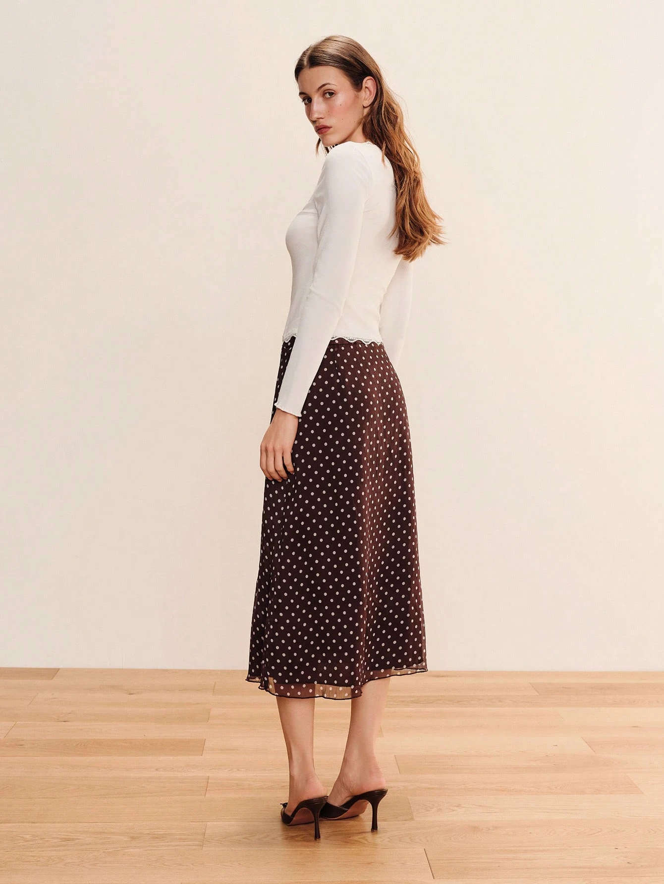 Brown Polka Dot Chiffon Midi Skirt Spring Summer Going Out Work Outfit Holiday Outfit VIntage Skirt French Style Skirt Polkadot Skirt Casual Vacation Outfit Chic