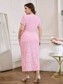 SHEIN Clasi 大码女式镂空圆领短袖褶皱修身优雅连衣裙 - 粉色 - 查看 3