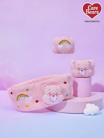 Care Bear X Joivida 粉色卡通熊毛绒护肤头带和腕带 | 柔软珊瑚绒彩虹图案头带和腕带 | 吸水性强的头发和手腕配件，适用于洗脸、护肤和化妆 #单件或套装