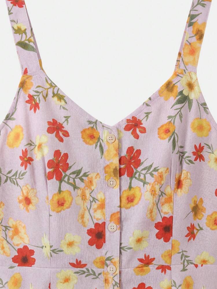 Lilac Floral Midi Dress With Button-Down Front And Sweetheart Neckline Spring Summer Casual Holiday Dress Flower Dress French Style Dress