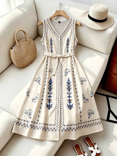 GlowEve CURVE Plus Size Women's Bohemian Sleeveless V-Neck Vintage Loose Casual/Work Elegant Beach Holiday Dress