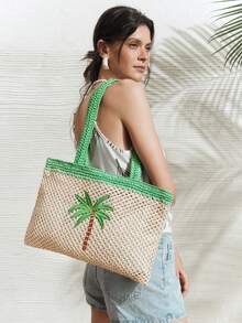 SHECARRY Ladies, Women Shoulder Bag, Straw Bag, Straw Woven Bag, Coconut Tree Embroidery Pattern, Fashionable, Elegant, Simple, Personalized, Versatile, For Beach, Vacation, Holiday, Summer, Seaside, Beach Party - Beige - View 2