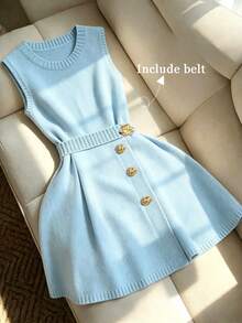 SHEIN Franclia Đầm midi dệt kim màu xanh dương trơn, cổ tròn, không tay, thắt eo, khóa kim loại, dành cho nữ, thích hợp cho kỳ nghỉ hè, thanh lịch, thường ngày, trang phục đi nghỉ mát, đầm dệt kim màu xanh dương cho nữ. - Màu xanh lam - Xem 3