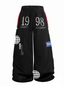 PAVTROS Men's Retro American Subculture Numeral & Letter Print Drawstring Waist Pocket Sports Pants, Hip Hop - Black - View 4