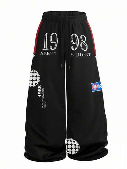 PAVTROS Pantalon de sport à taille coulissante avec poche, imprimé de chiffres et lettres rétro de sous-culture américaine, style hip-hop pour hommes