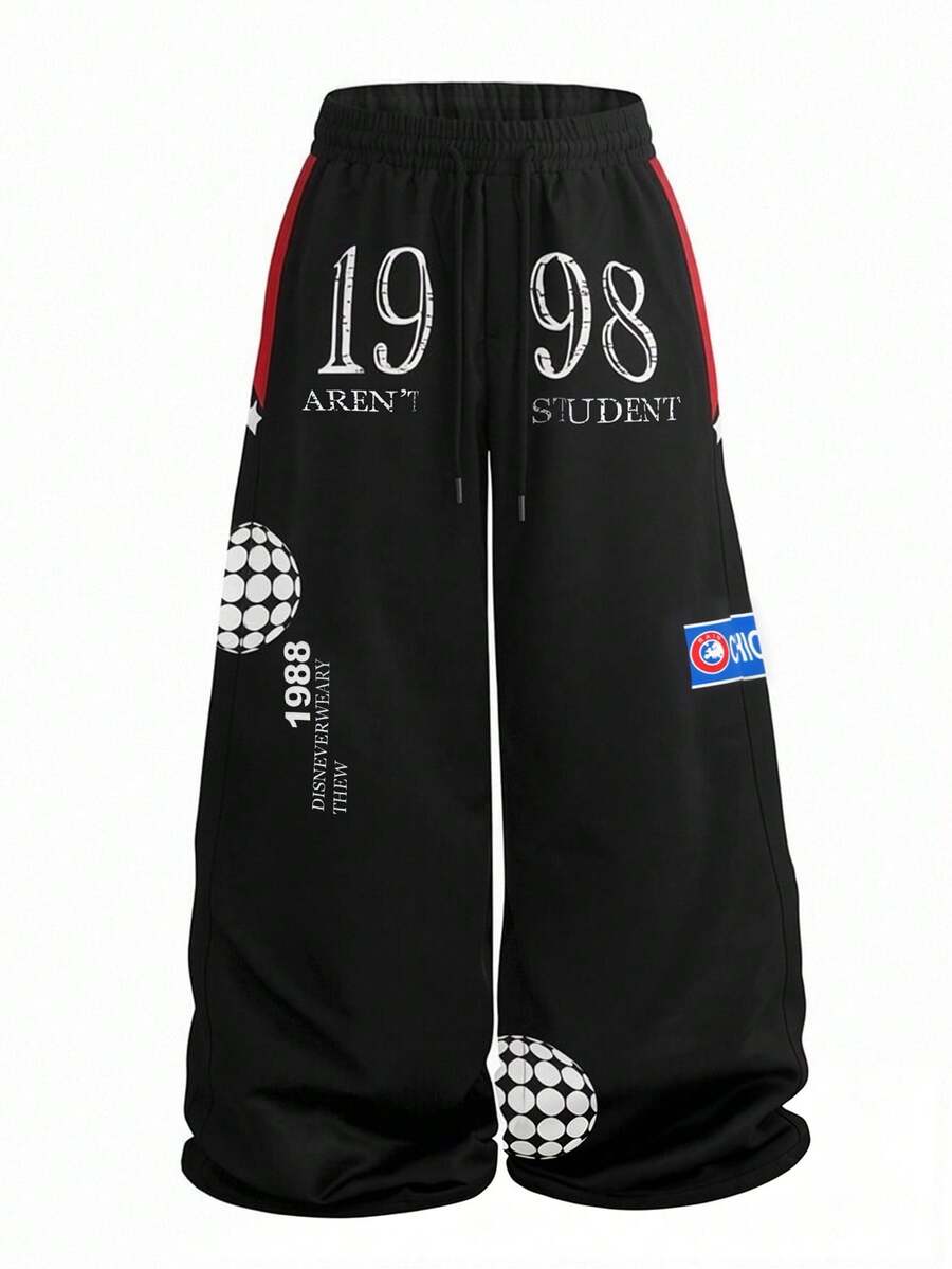PAVTROS Men's Retro American Subculture Numeral & Letter Print Drawstring Waist Pocket Sports Pants, Hip Hop - Black - View 1
