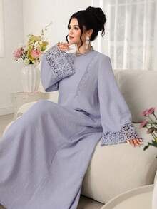 Al Najma Solid Color Round Neck Loose Long Sleeve Patchwork Ribbon Dress, Casual Resort Wear - Purple - View 1
