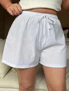 Dazy Plus Minimalist Striped Button Decor Short Pajama Bottoms, Plus Size Women's White Sleepwear Bottoms For Spring & Summer - White - View 7