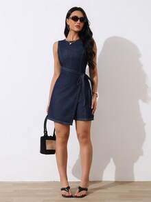 SHEIN Tall Bộ áo liền quần denim không tay cổ tròn thắt eo dành cho nữ, trang phục thường ngày thoải mái đi biển và nghỉ mát thanh lịch cho nữ. Bộ áo liền quần denim không tay thắt eo kiểu quấn dành cho nữ mùa hè, trang phục thường ngày thoải mái đi nghỉ mát. - Rửa tối - Xem 12