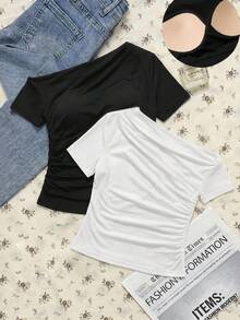 SHEIN Clasi قميص تي شيرت نسائي أنيق بلون أحادي مجعد بتصميم غير متماثل وبفتة رفيعة، صيفي - أبيض وأسود - مشاهدة 7