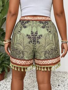 SHEIN SXY Große Größen Grüne Urlaub-Stil bedruckte lockere Shorts mit elastischem Bund und Quasten-Verzierungen, Urlaub Bohemian, leicht zu kombinieren, schmeichelt der Figur - Grün - Übersicht 6