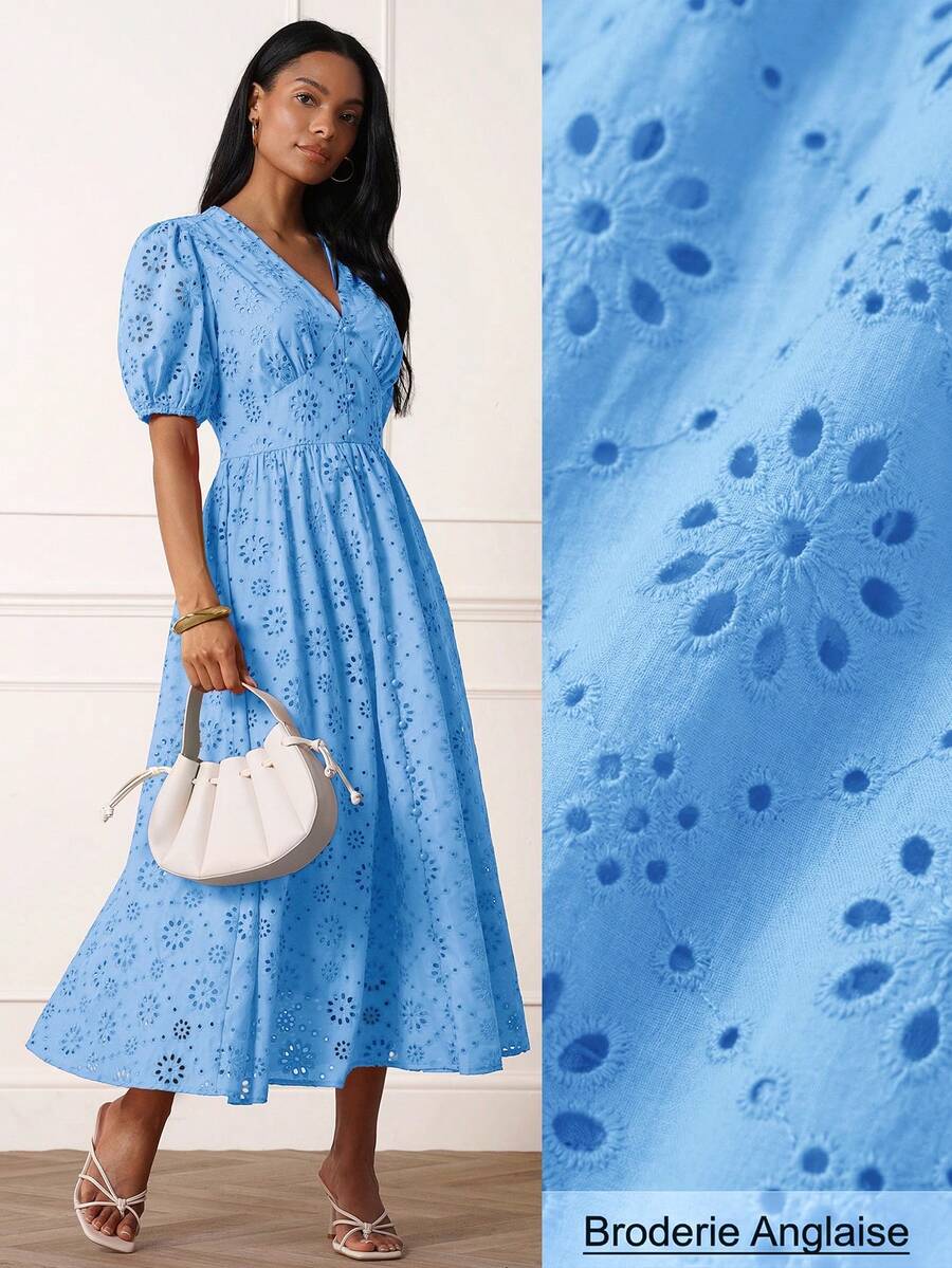 Lilora Women's Elegant Blue Floral V Neck Eyelet Broderie Anglaise Maxi Dress With Puff Sleeves Perfect For Summer Holiday Tea Party Vacation Brunch - Blue - View 1