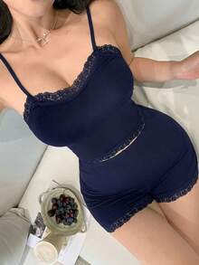 DAZY 女士性感蕾丝拼接吊带背心和超短裤睡衣套装（2件套），夏季 - 藏蓝色 - 查看 4