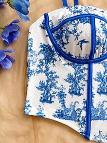 Soleia Plus Size Vintage Floral Contrast Color Camisole For Women, Suitable For Holiday, Date, Afternoon Tea, Vacation, Music Festival, Bohemian Style - Blue and White - View 5