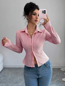 SHEIN 法式修身蓝白条纹优雅通勤长袖女式衬衫 - 酒紅色 - 查看 3