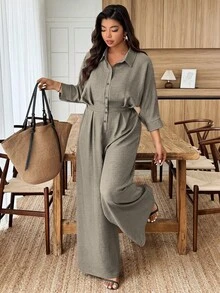 Weeklong Plus Size Women's Collared Jumpsuit With Ruffle Cuff Mid-Sleeve Cinched Waist, Casual & Office Wear - Army Green - View 5
