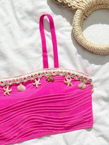 SHEIN Tween Girls' Summer Beach Vacation Shell & Starfish Print Bandeau Bikini Set - Hot Pink - View 3