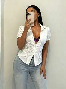 BamGleam Women's Solid Color Short Sleeve Single-Breasted Pleated Shirt Golf White Summer Sexy - White - View 5