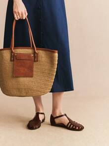 Rosivie Giày nữ, đan thủ công, khoét rỗng và thoáng khí, mũi tròn, kiểu dáng cổ điển, da nhân tạo, sandal La Mã, thích hợp đi lại hàng ngày trên phố hoặc đi nghỉ mát, giày bệt nữ cần thiết cho mùa hè đi biển. - Nâu đậm - Xem 1