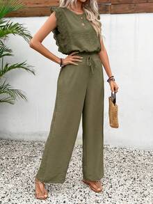 SHEIN Frenchy Women's Sleeveless Cropped Lace Top, 2 Pieces Set, Textured Fabric,Summer Outfits For Women - Army Green - View 7