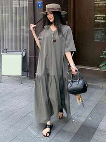 DAZY Women's Solid Color V-Neck Button Design Ruffle Hem Casual Sexy Dress Sun Dresses Summer Golf Pastal - Black - View 5
