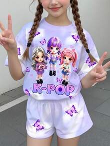 Pakaian Kasual Sehari-hari untuk Remaja Perempuan: Kaos Lengan Pendek Kerah Bulat dengan Motif Huruf Kartun dan Celana Pendek - MultiWarna - View 2