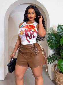 Slaydiva Plus Size Chocolate Brown PU Fabric Super Short Shorts,Nomadic Solid Hollow Lace-Up Tassel Patchwork Decor Street Style Kawaii Rave Autumn Chic - Brown - View 5