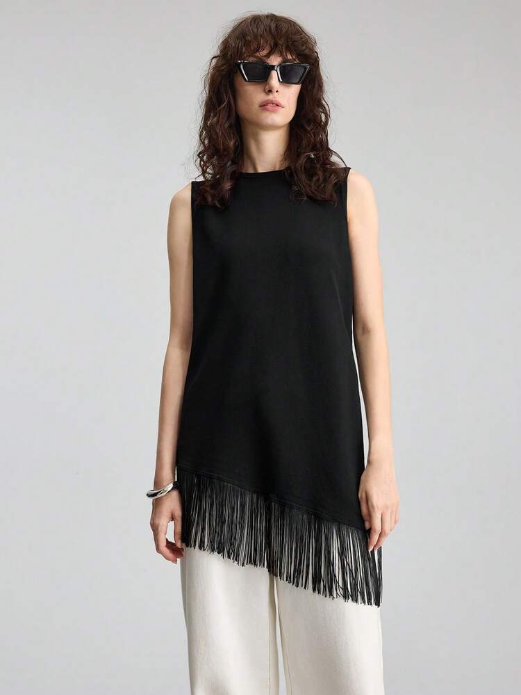 2026SS Spring/Summer New Women's Knit Top, Sleeveless Asymmetric Design With Fringe Patchwork, Loose Fit Solid Black Blouse, Minimalist Elegant Urban Chic Design With Layered Patchwork, Suitable For Outings, Vacations, Holidays, Romantic Getaways, Weddings, Office Wear, Back To School, Fashion Versatile Knit Top For Women,Fringe Panel,Independence Day,Asymmetric