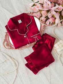 Baby Girls' Colorful Ruffle Trim Bow Embroidery Short Sleeve Top And Pants 2Pcs Pajama Set, Spring/Summer - Red - View 5
