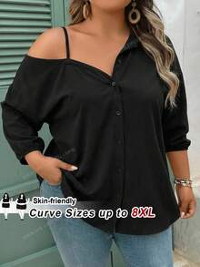 SHEIN CURVE+ Blusa negra de botones con hombros descubiertos, manga tres cuartos, estilo suelto y cómodo para mujer de talla grande, versátil y estilizante, para uso diario, primavera/verano, estilo europeo, blusa negra sexy de primavera/verano para mujer, blusa elegante para Día de San Patricio, Pascua y fiestas - Negro - Ver 9