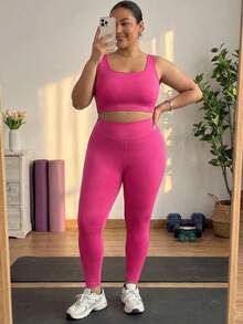 SHEIN CURVE+ Bộ đồ nữ cỡ lớn mùa hè thường ngày, Bộ đồ thường ngày nữ, Bộ áo vest và quần legging nữ, Bộ đồ thể thao nữ 2 món, Quần vải co giãn cao, thấm hút mồ hôi, nhanh khô, 2 món - Màu Hồng Tươi - Xem 6