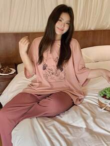 Dazy Plus Plus Size Graphic Print Loose Fit Short Sleeve Top And Elastic Waist Pants Pajama Set Summer - Pink - View 6