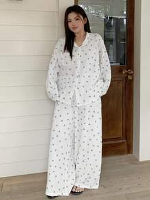 Dazy Plus Heart Print Loose Long Sleeve Top And Long Pants Pajama Set, Plus Size Women Spring/Autumn Sleepwear - White - View 6