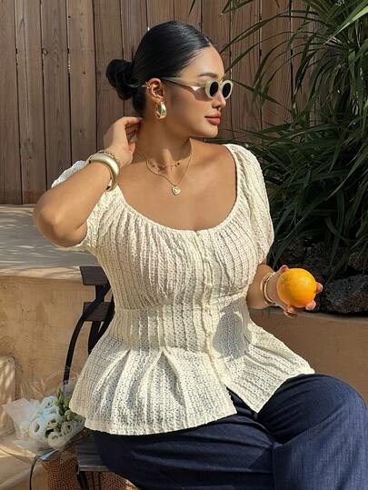 Dazy Plus Textured Fabric Fitted Waist Flared Skirt, Princess Sleeve Short Sleeve Casual Vacation Beach Top, Plus Size Women Spring/Summer Versatile Blouse In Apricot