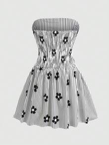 SHEIN 少女休闲简约舒适褶皱无袖泡泡袖连衣裙 - 黑與白 - 查看 7