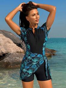 Swim Mulvari 3pcs/Set Middle Eastern Women Printed Short Sleeve Top, Shorts And Cover-Up - Multicolor - View 8