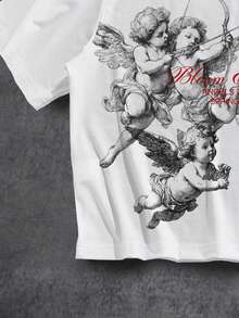 Manfinity ZONE917 Áo thun tay ngắn màu trắng in logo hoa thiên thần, dáng rộng, phong cách thường ngày, màu xám và đỏ, thích hợp làm quà tặng bạn bè, kiểu dáng rộng rãi (chất lượng cao). - trắng - Xem 4