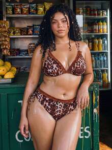 Swim Vcay Conjunto de traje de baño 2026 nuevo talla grande con estampado de leopardo, top tankini de escote en V profundo con tirantes ajustables de espagueti y espalda descubierta, y bragas de cintura alta con volantes y cordón, casual y sexy para playa y vacaciones - Multicolor - Ver 4