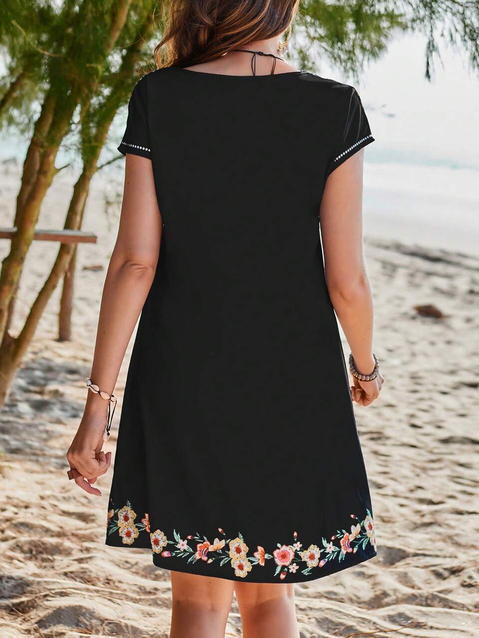 Summer Island Beach Vacation Collar Printed Blue Short Sleeve Women's Dress,Vacation