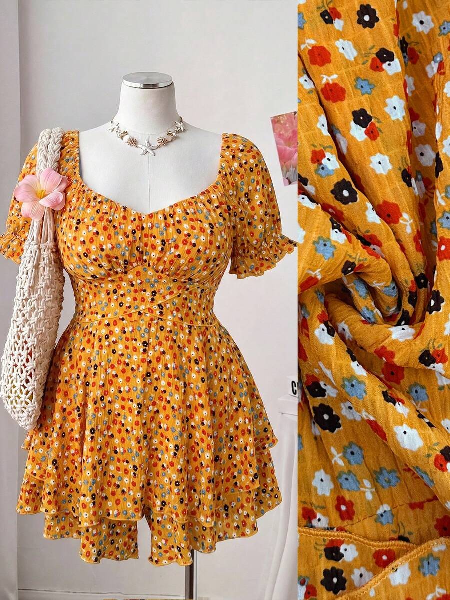 Flirla Mono de gasa floral elegante y cómodo para mujer de talla grande, adecuado para la playa, viajes, exteriores y uso diario - Naranja - Ver 1