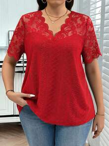 SHEIN Clasi Plus Size Women V-Neck Lace Patchwork Casual Versatile Daily Wear T-Shirt - Red - View 7
