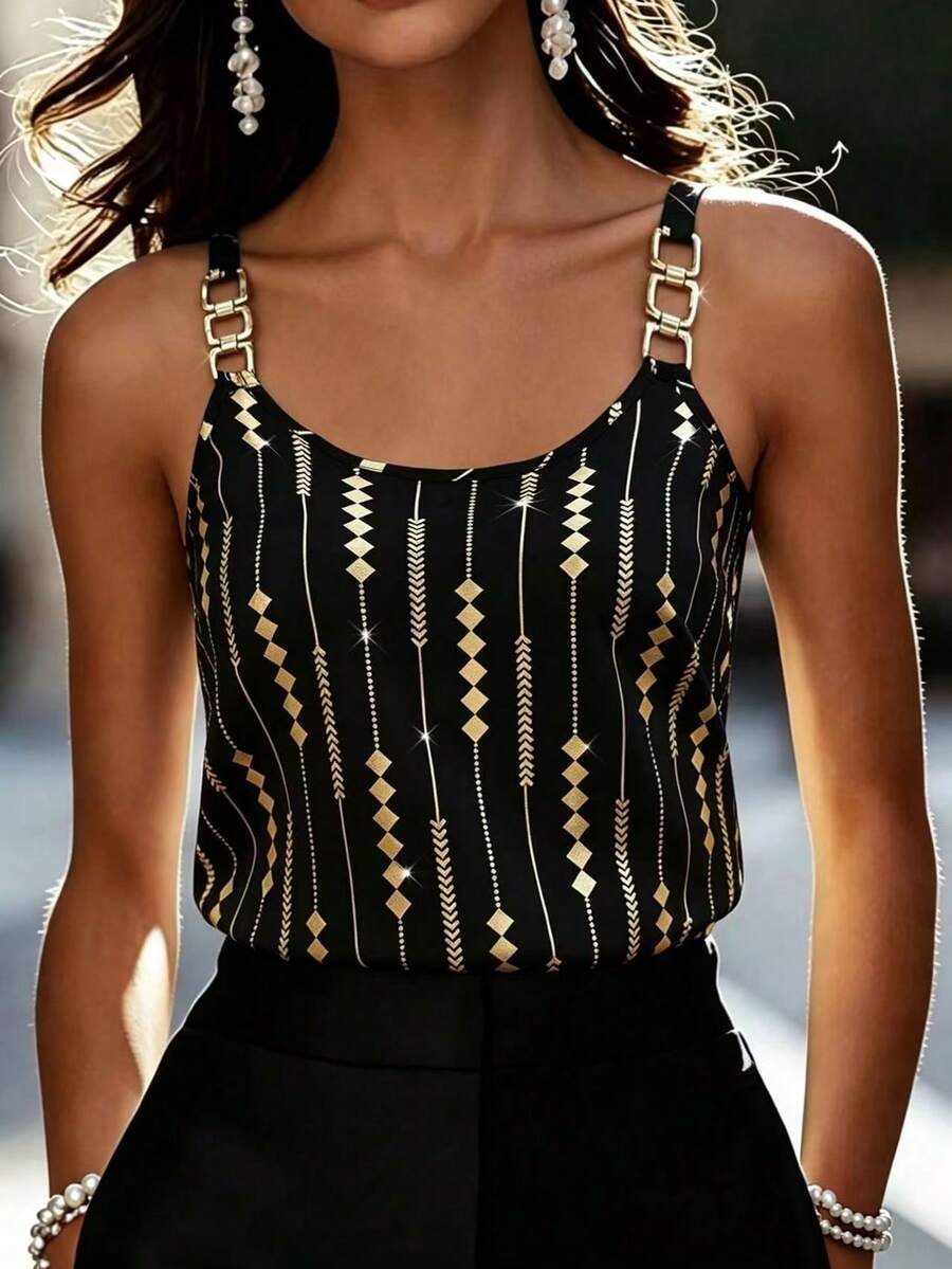 Penseblé Geometric Pattern Metallic Buckle Strap Tank Top Graphic Tees Women Tops - Black - View 1