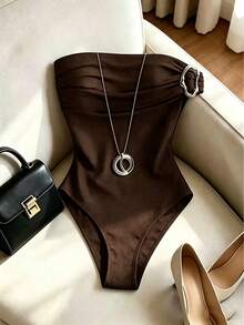 Franclia Women's Fashion Solid Color Off-Shoulder Metal Ring Dress Night Out Dark Brown Summer Sexy - Brown - View 1