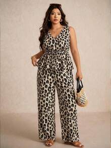 Elaquor Plus Size Casual Vacation Leopard Print Sleeveless A-Line Ruffle Blouse And Straight Leg Pants 2-Piece Set, Summer Outfit - Multicolor - View 2