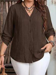 Modelyn Plus Size Women's Solid Color Cuffed Sleeve Pleated Design Casual Shirt - Coffee Brown - View 10