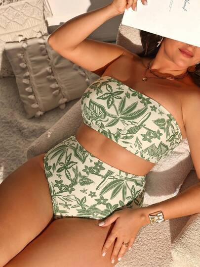 Swim Vcay 2026 New Summer Beach Plus Size Women's Elegant Romantic Bohemian Tropical Leaf Print Halter Bikini Set, Suitable For Beach, Vacation, Afternoon Tea, Picnic, Party, Daily Wear