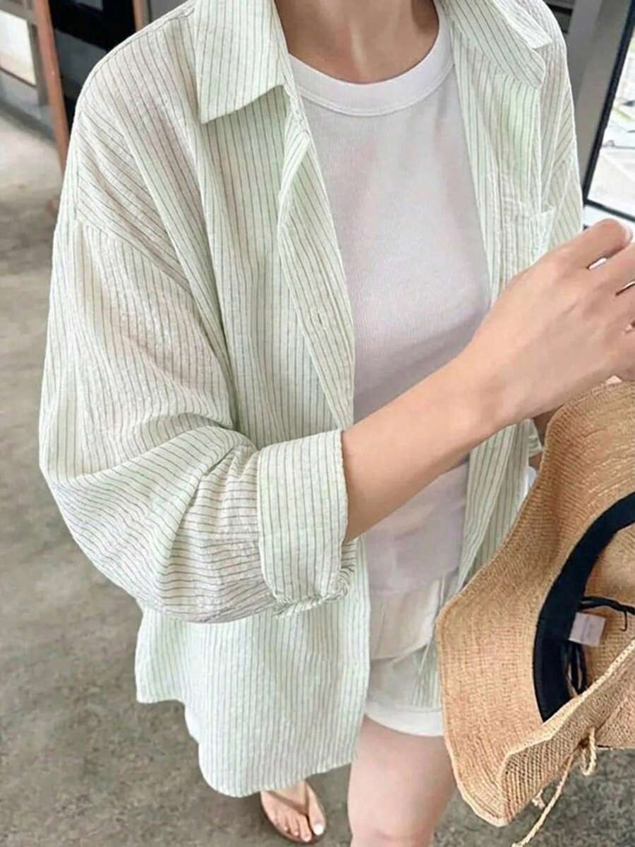 DAZY Women's Casual Commuter Striped Shirt - Green - View 1