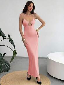 Aloruh Vestido elegante de unicolor sin espalda para mujer, de verano - Rosa - Ver 5
