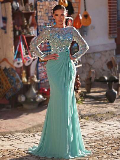 Aureia Elegant Vanilla Green Round Neck Luxury 3D Floral Embroidery Sequin Patchwork Chiffon Asymmetric Hem Long Sleeve Dress, Suitable For Dates, Vacations, Singles Parties, Weddings, Women's Formal Evening Gowns