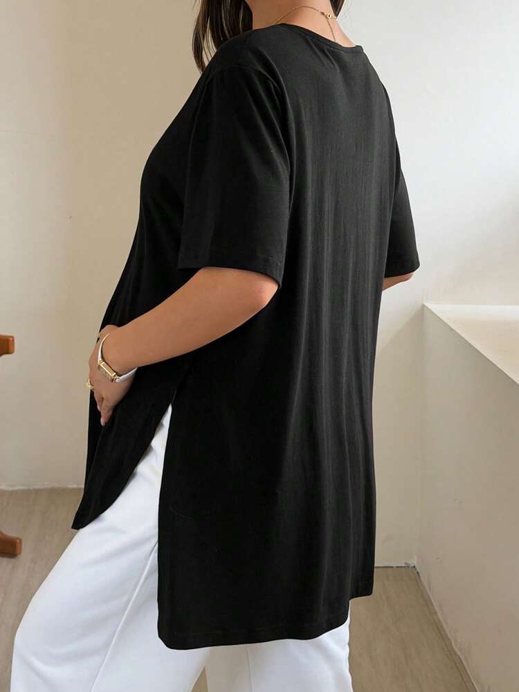 Maternity Round Neck Solid Color Short Sleeve Split Hem Loose Black T-Shirt, Spring/Summer